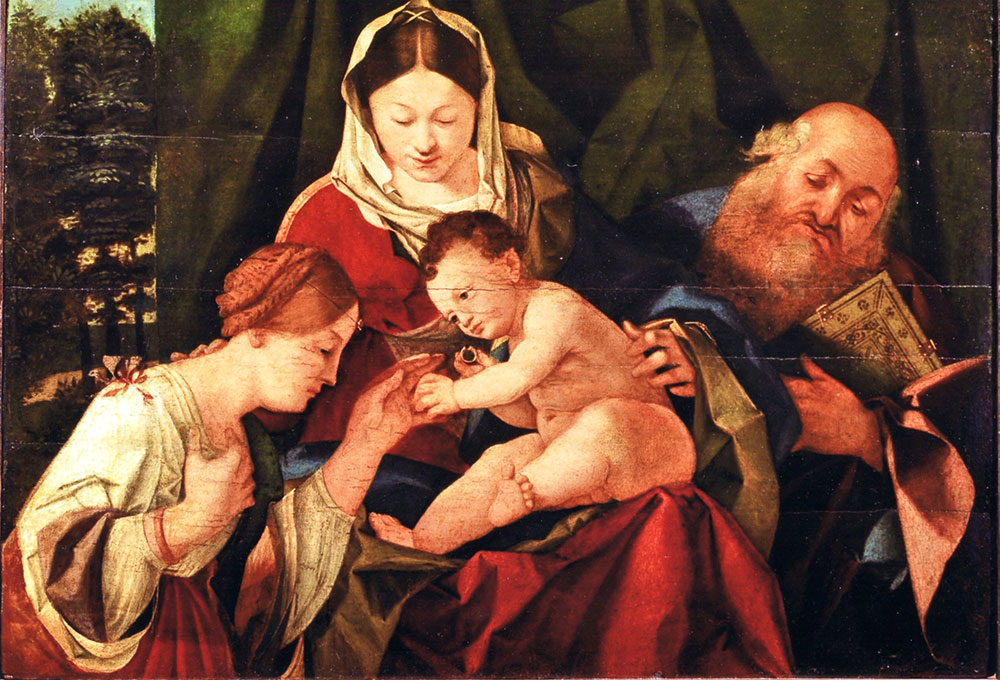 Bottega di Lorenzo Lotto Sposalizio mistico di Santa Caterina alla presenza di san Girolamo, 1507 Olio su tavola, 36,5 x 52 x 2,5 cm Collezione privata